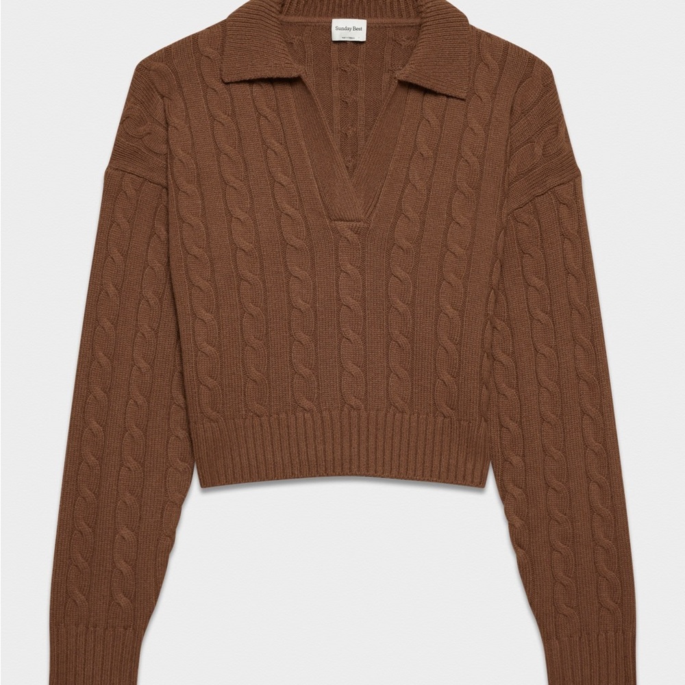 Aritzia Sunday Best Lottie Sweater Cropped Cognac Brown Cable Knit Sweater